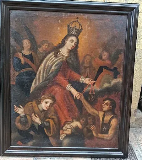 Óleo religioso antiguo con marco de madera